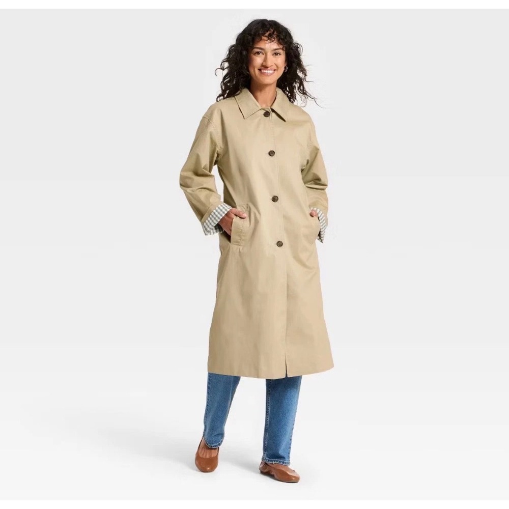 Universal Thread Womens Tan Trench Coat Gingham Lining Collared Midi Jacket M